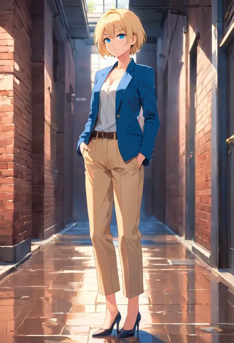 17 years old Women, ((Blonde)), ((Blue eyes)), ((Short hair)), ((Full Body)), blazer jacket open in front, naked chest, and baggy pants, with high heels, hand on waist, standing y front if a brick wall wet floor