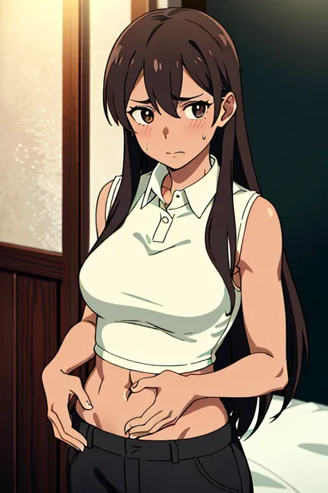 (masterpiece, top quality, best quality), brown skin anime girl wearing a collared tank shirt and trousers, famished in hunger, (gently resting hands on stomach), (sweating), (long hair), (hands on her stomach)