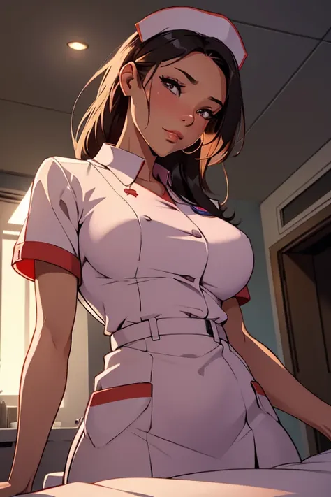 Sultry nurse,

Looking at Viewer, From below, Focus, 
Particles of light, hospital, bedside, 
​masterpiece, top-quality, Anatomically correct, SFW,
POV, nurses uniform,