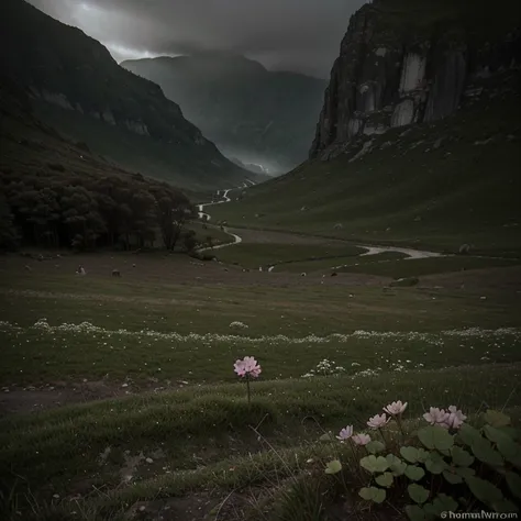 Spawns a small clover in a dark valley of death in a gloomy landscape 