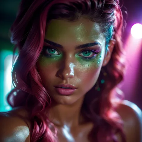 (((ultra realistic))) Photo, masterpiece, top quality, (tanned skin), (Ultra detailed face and eyes:1.3), 1 girl, Adult, in a dress, ((Eye makeup, (Green eyes)), pink mascara)), ((large detailed lips)), ((Navi Blue wavy hair)), ((Stylish hairstyle)) , (Nat...