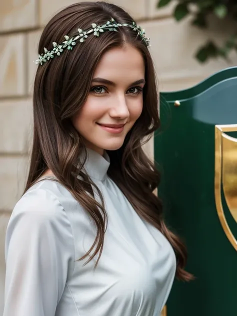 Create an image of a beautiful young slender woman of medium height. Brown hair, green eyes. She has a sad smile. She wears a modest white dress. On the background a shield in white with a dark wolf on it. She wears BLUE roses in her hair