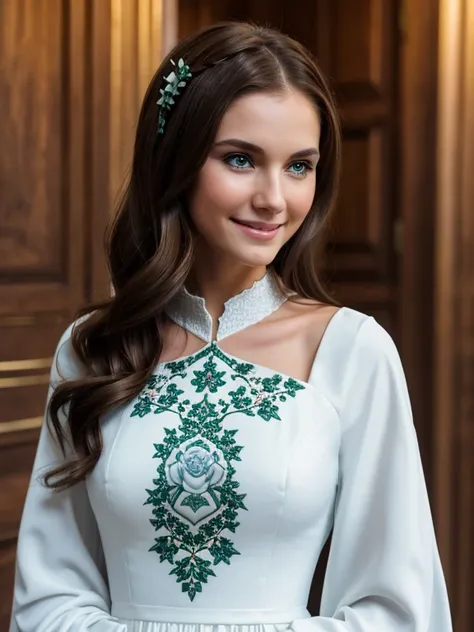 Create an image of a beautiful young slender woman of medium height. Brown hair, green eyes. She has a sad smile. She wears a modest white dress. On the background a shield in white with a dark wolf on it. She wears BLUE roses in her hair