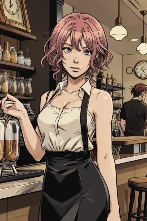 vector image, 2d cartoon,masterpiece, An anime woman, colored hair, in cafe, barista