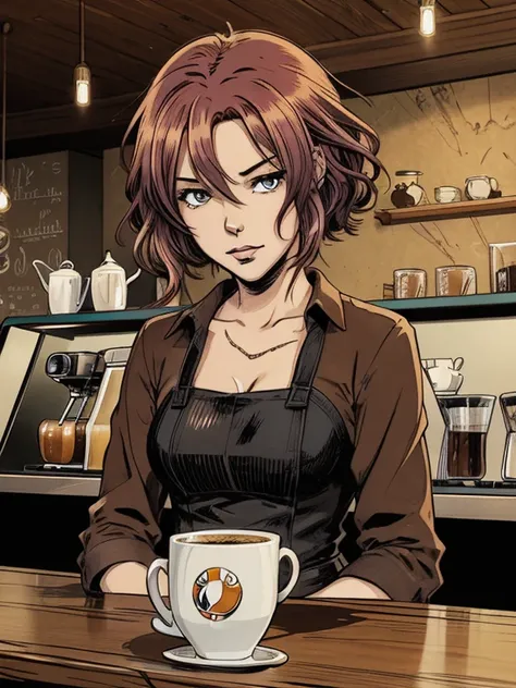 vector image, 2d cartoon,masterpiece, An anime woman, colored hair, in cafe, barista, clients