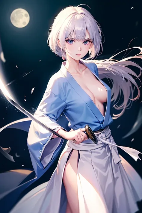 （（high quality、masterpiece、detailed、Normal body、５This finger））、Beautiful Girl Swordsman（（Bust: 87cm、Holding a Japanese sword in his right hand:、Hold the sheath in your left hand、Silver Hair、Mystical Eyes））、Black Robe、White Skirt:1.2、moonlight、wielding a Ja...