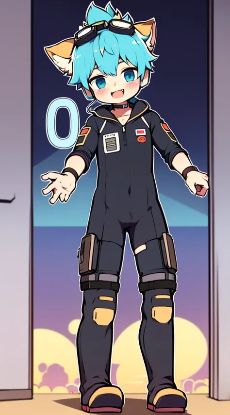 2D Boy Shota，One-piece combat suit，Slim, healthy body，Put the headphones on your head，stand up，goggles，Cat ear，happy，Sailor collar，Lovely，