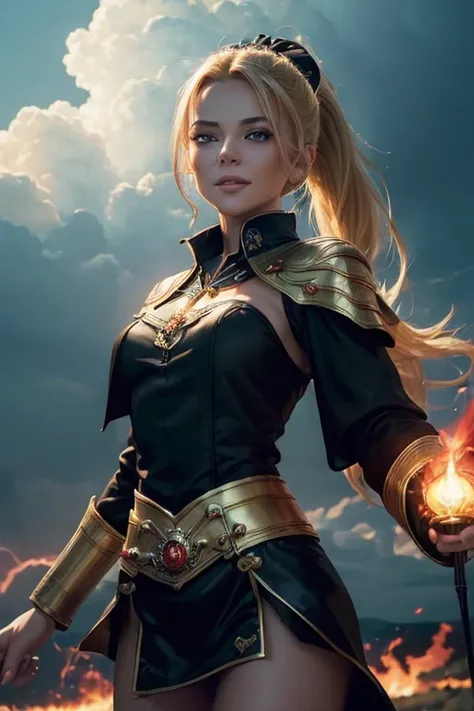 (master piece:1.8), (best quality:1.8), (exquisite lighting and shadow, highly dramatic picture, cinematic lens effect) 8k, wallpaper, looking at the viewer, open arms, female ponytail yellow gold hair on one side thin and shorty fantasy witch wearing a sm...