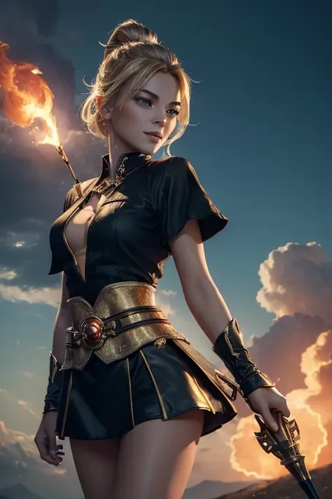 (master piece:1.8), (best quality:1.8), (exquisite lighting and shadow, highly dramatic picture, cinematic lens effect) 8k, wallpaper, looking at the viewer, open arms, female ponytail yellow gold hair on one side thin and shorty fantasy witch wearing a sm...