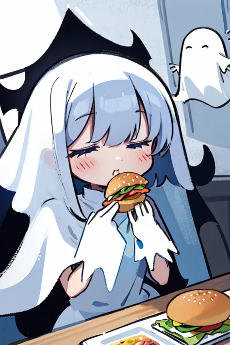 cartoon girl, ghost veil, enjoy, happy, eating hamburger