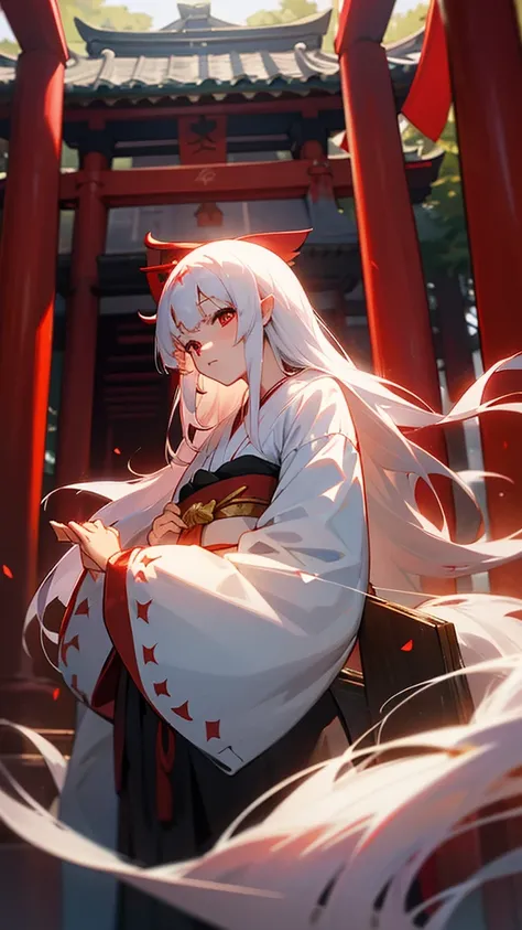 shrine maiden of ancient japanese shrine, pretty girl, kimono, long white hair, ruby red eyes, Princess, Kaguya, Haori, , Wield the shrine maiden&#39;s staff, summon spirits and ghosts, Ghosts and spirits fly around her, at night, very detailed, vivid appe...