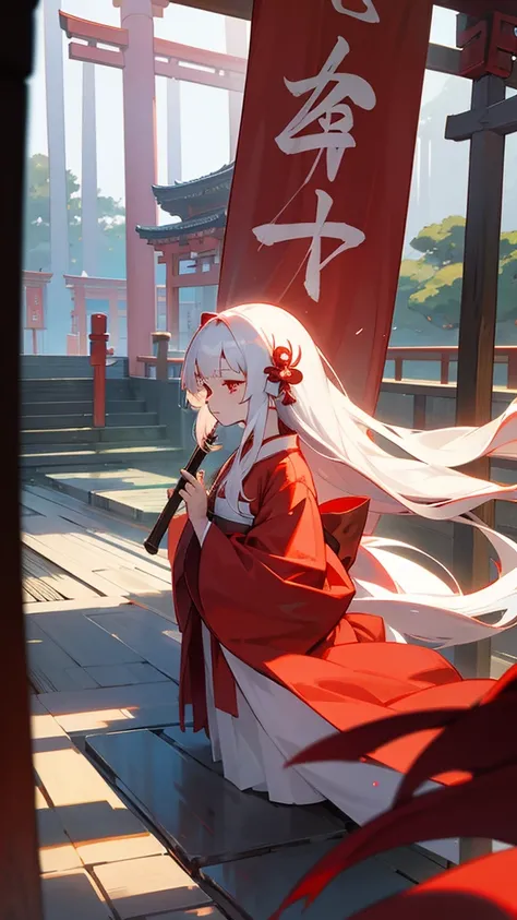 shrine maiden of ancient japanese shrine, pretty girl, kimono, long white hair, ruby red eyes, Princess, Kaguya, Haori, , Wield the shrine maiden&#39;s staff, summon spirits and ghosts, Ghosts and spirits fly around her, at night, very detailed, vivid appe...