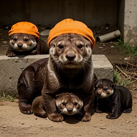 otter with an orange cap on its head and puppies next to it, also wearing an orange cap