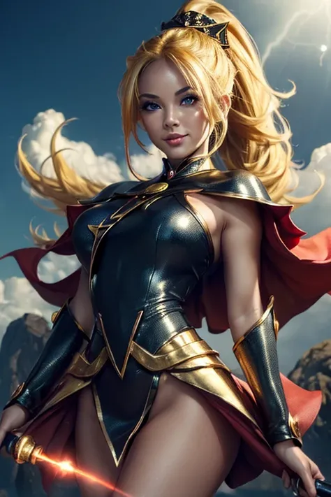 (master piece:1.8), (best quality:1.8), (exquisite lighting and shadow, highly dramatic picture, cinematic lens effect) 8k, wallpaper, looking at the viewer, open arms, female ponytail yellow gold hair on one side thin and shorty fantasy witch wearing a sm...