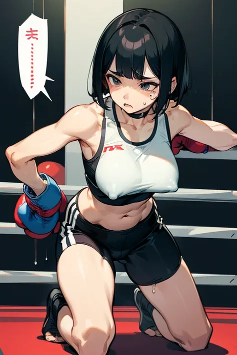 Japanese women，Black Hair，Short Bob、Visible nipples、Large size breasts、J cup breasts、Painful face、Hold your stomach、urination、incontinence、Sports Bra、Kneel、boxing