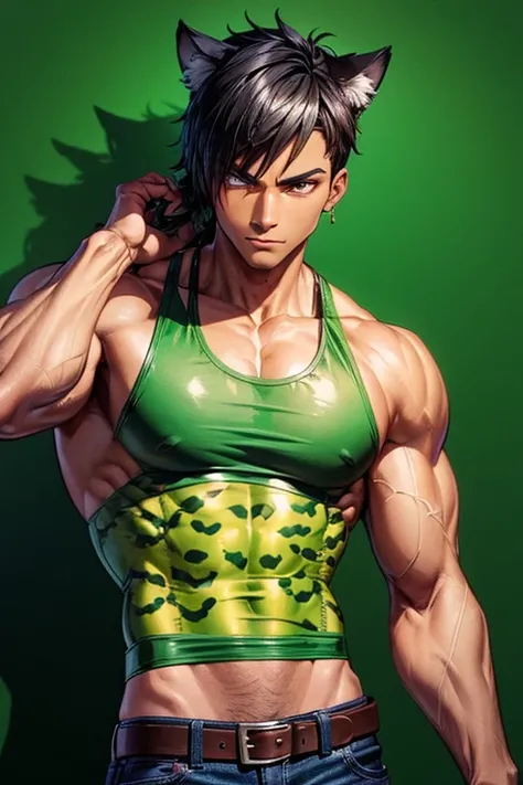 Boy with muscular build, slim, dark skin, green tank top, Brazilian flag print, black hair, drags, jeans, black leather belt, Brazilian background, jaguar ears on his head. 