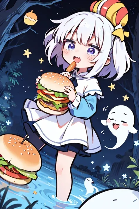 cartoon girl, ghost Mantle, enjoy, happy, eating hamburger, 4k, masterpiece