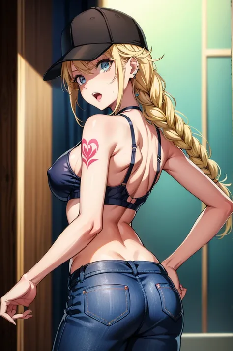 a drawing of a girl that looks sexy in a hat and tank top, 1girl, solo, blonde hair, blue eyes, hat, braid, long hair, piercing, pants, breasts, looking at viewer, butt crack, bra, back tattoo, open mouth, baseball cap, tattoo, ear piercing, looking back, ...