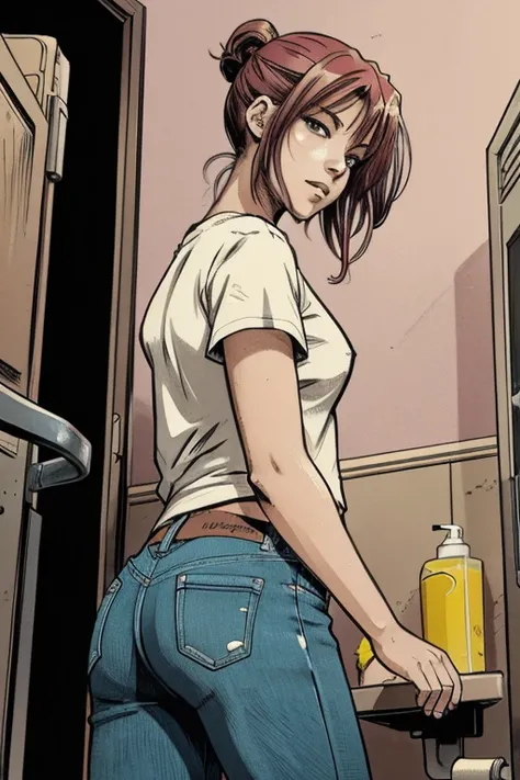 vector image, 2d cartoon,masterpiece, An anime woman, colored hair, gloomy ecstasy, sweat, masturbate, touch herself, public cramped toilet stall, jeans, t-shirt, from above view, from side view