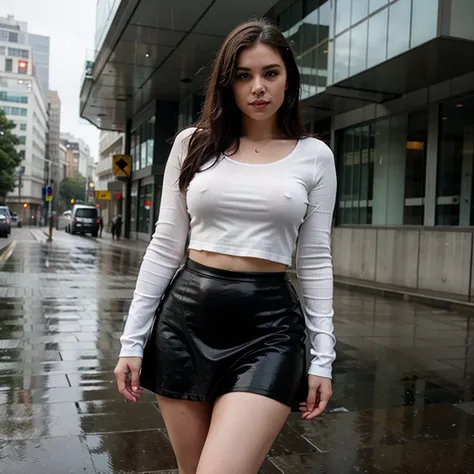 Young woman, curvaceous, under rain, in a skirt