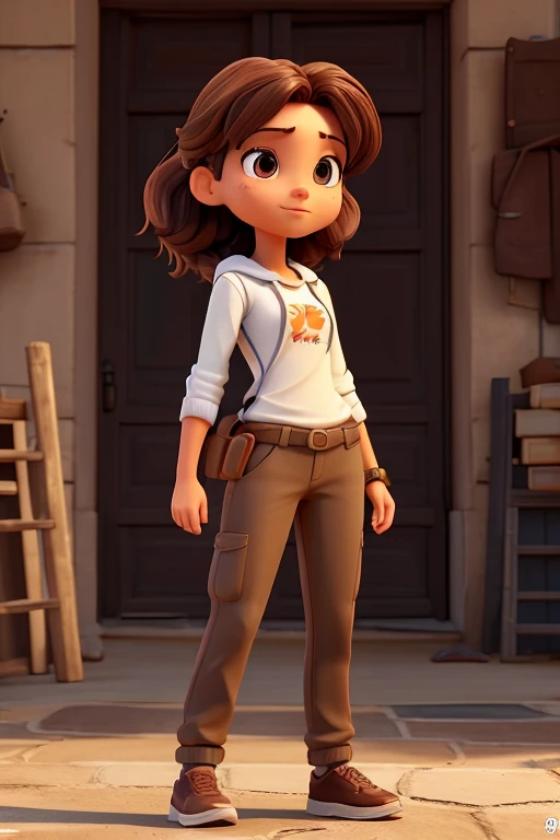 Create a 3D illustration of the character Eva, a young lady who radiates strength and determination. She has an average height, com um corpo magro, mas forte, evidenciando sua capacidade para trabalhar duro. your hair is short, escuro e liso, and her brown...