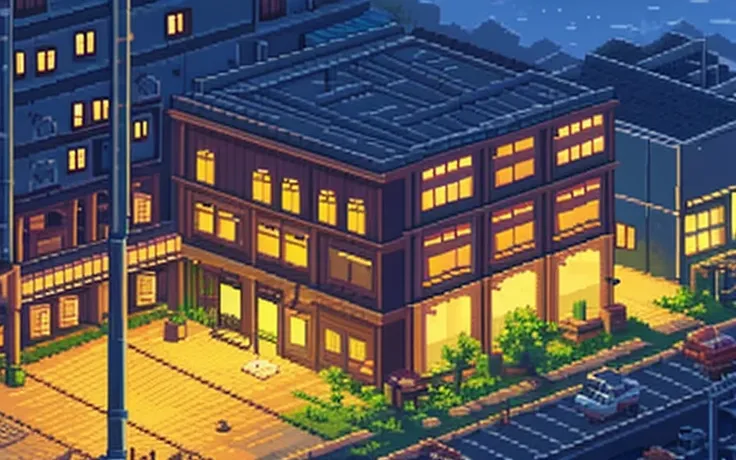 Make very simple pixel art of an abandoned three-story factory at night.