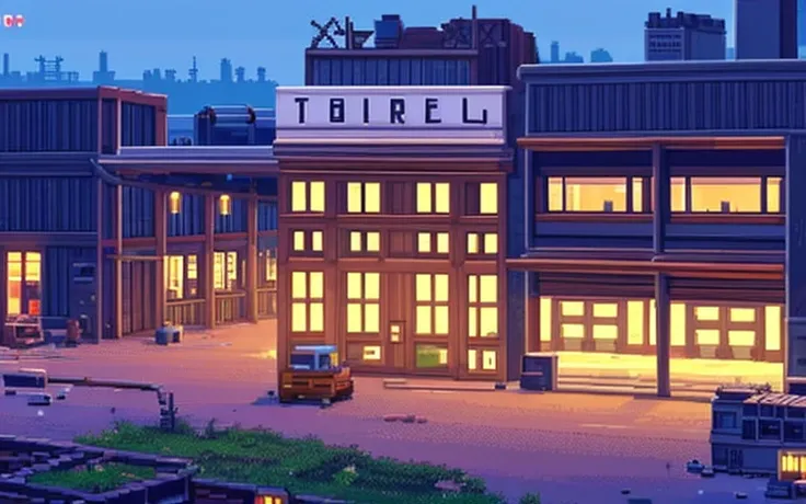 Make very simple pixel art of an abandoned three-story factory at night.