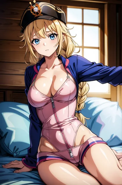 , super fine illustration,vibrant colors, masterpiece, sharp focus, best quality, depth of field, cinematic lighting,ultra detailed,1girl,1girl,jean (genshin impact),genshin impact,
(onepiece body pajamas:1.3),zipper,sexy shorts,navel,thighs,sit on bed,cle...