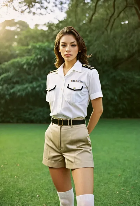 photograph of beautiful woman, outdoors in a park, wearing a  uniform, looking at viewer, photorealistic, analog film photograph...