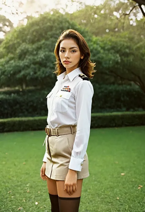 photograph of beautiful woman, outdoors in a park, wearing a  uniform, looking at viewer, photorealistic, analog film photograph...