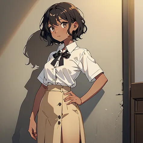 1 girl, Black and wavy and Short hair , Thin, small breasts , light brown skin, Wearing a short-sleeved white button-down shirt, and a long light brown skirt. 