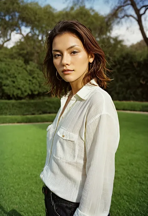 photograph of beautiful woman, outdoors in a park, wearing a casual outfit, looking at viewer, photorealistic, analog film photo...