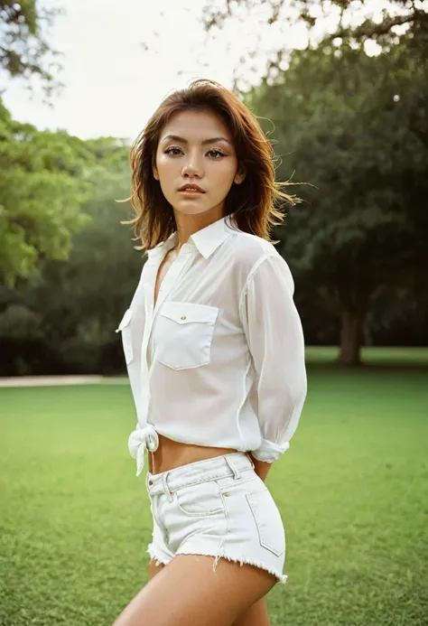 photograph of beautiful woman, outdoors in a park, wearing a white blouse (sfw) micro jean shorts, looking at viewer, photoreali...