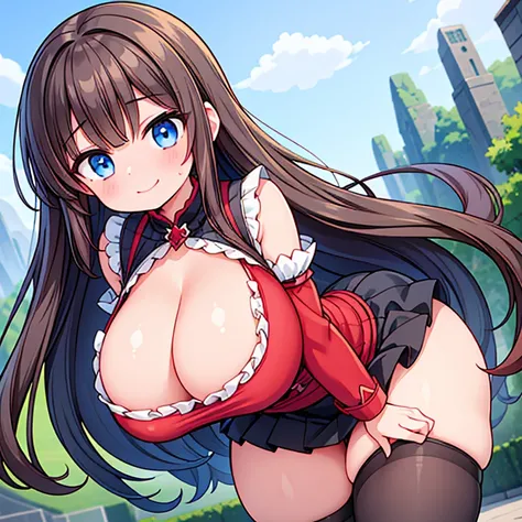 a Cute Young Girl, with Ridiculously Excessively Extremely Enormously Gargantuan Thighs, (Long-ish Dark-Brown Hair), Big Beautiful Blue Eyes, Absurdly Gigantic Butt, Unreasonably Ginormous Breasts, wearing a Black Skirt that is slightly too short, and a Re...