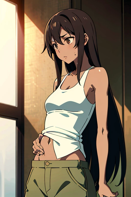 (masterpiece, top quality, best quality), brown skin anime girl wearing a button up tank top and trousers, famished in hunger, (gently resting hands on stomach), (sweating), (long hair), (hands on her stomach)