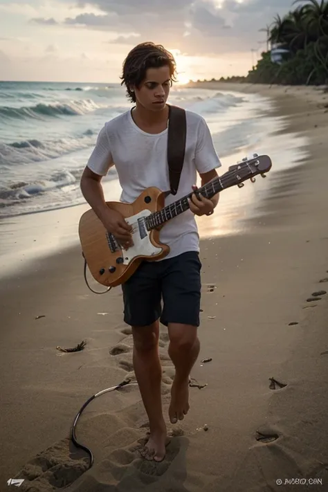 Create an image of a young man walking on the beach barefoot playing electric guitar, imagem com um tamanho de 1000x1000 