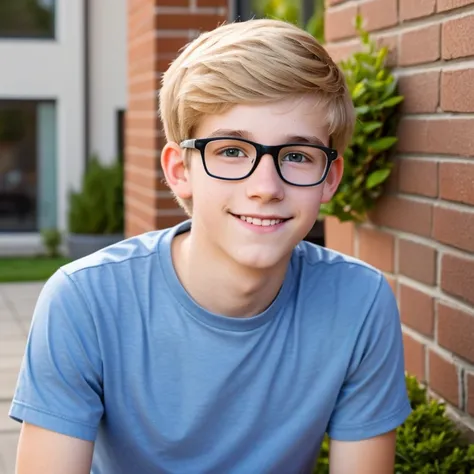 16 year old blond nerd with glasss and a thin beard  he has short hair