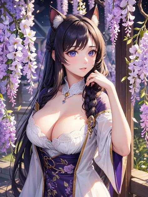 anime style, very fine illustration, high detail, dynamic foreshortening, great detail, 8k, Wisteria trees quietly shine on a spring night, illuminated by city lights. BREAK The woman stands motionless, fascinated by the beautiful scene, watching the wiste...