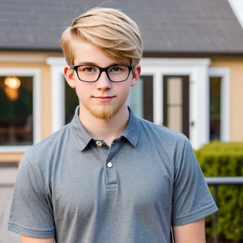 16 year old blond nerd with glasss and a  beard  he has short hair