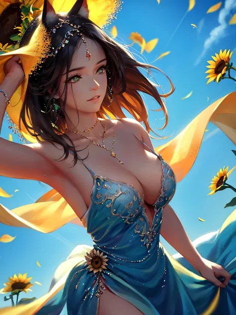 anime style, very fine illustration, high detail, dynamic angle, great detail, 8k, summer day, field of sunflowers, sunny day. BREAK The woman stands motionless, fascinated by the beautiful scene, watching the sunflowers bloom. The expression on her face s...