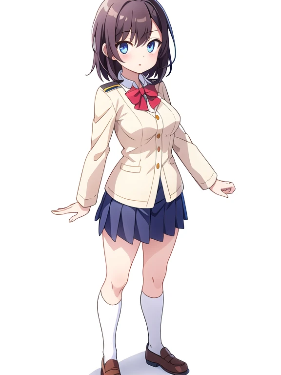 (stand posture), cute eyes, adult woman, uniform, skirt, solo, ((white background)), (full body), shrug/clothing/,
