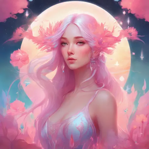 Close up of surreal girl with long hair and pink background, Rossdraws pastel bright, Rossdraws cartoon bright, Beeple and Jeremiah Ketner, digital art style, beautiful anime style, synthwave colors!!, Rossries 1. 0, Rossries 2. 0, amazing art style, Great...