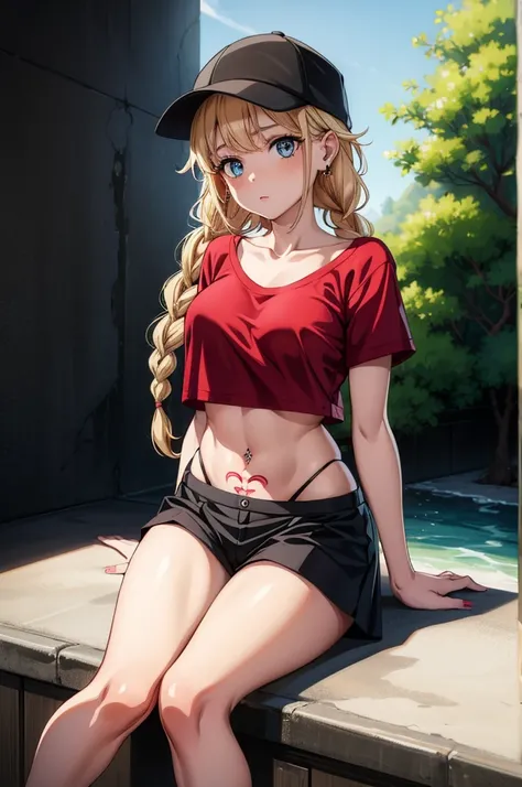 a beautiful art of a naked women sitting on a wall painted in black and red, 1girl, solo, twin braids, red shirt, navel piercing, piercing, blue eyes, blonde hair, hat, shirt, braid, short sleeves, long hair, breasts, navel, looking at viewer, crop top, un...