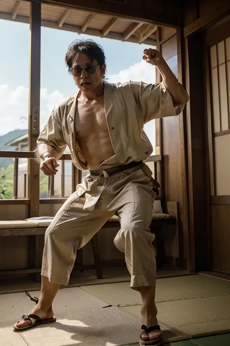 a Photorealistic wide shot of Japanese actor Shintaro Katsu as his character Zatoichi playing heavy music, dancing  wearing traditional Japanese sandals playing a Banjo and wearing aviator sunglasses