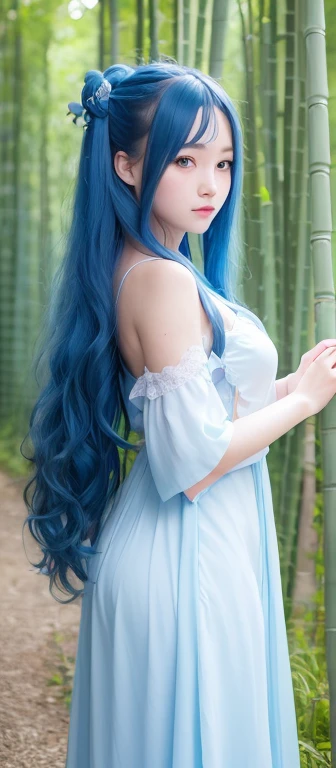 Masterpiece, Best quality, Official art, 8k wallpaper, Very detailed, clarification, 1 girl, Blue hair, long hair, Detailed eyes, Forrest, Bare shoulders, Hanfu,Lakes, pure, Soft smile,Bamboo,tea