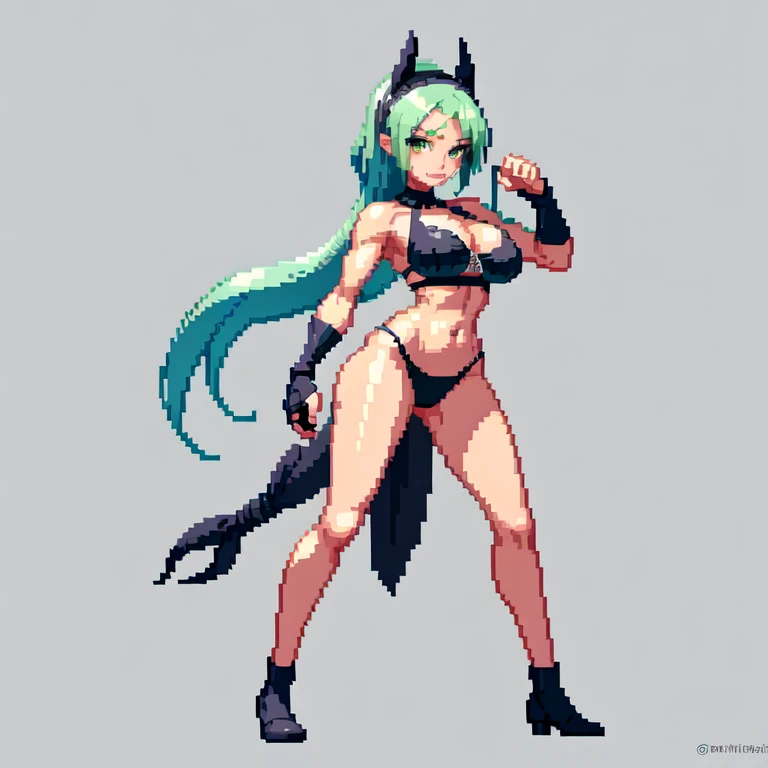 (masterpiece, top quality, best quality), pixel,pixel art,1girl,grey thong,grey bandana,hair horsetail,bosom,punch power,full body, 
 