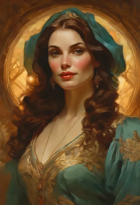 retrato de (mulher sks) de bom humor, , mulher atraente, design de personagens, dynamic lighting, tonalidade fria e brilhante, Pintura de Gaston Bussiere, craig Mullins, J.. c. Leyendecker, Tone of Finland