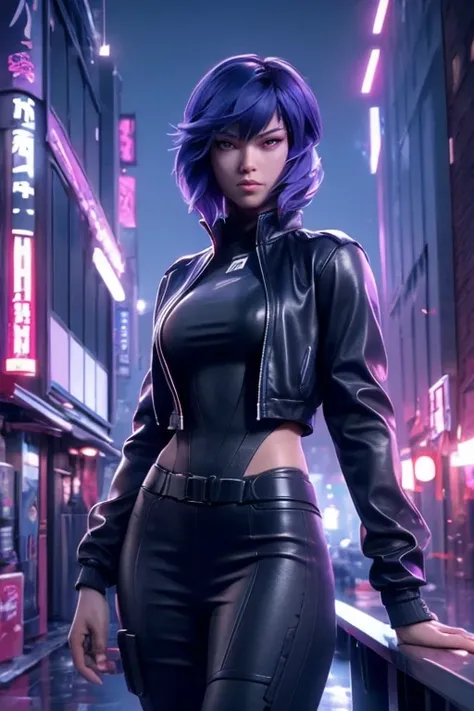 foling on rdge building, top view, Motoko Kusanagi from Ghost in the Shell , detailed face expression, beautiful detailed purple eyes, open clothes, open black jacket, black costume, cropped legs, beautiful detailed lips, long eyelashes, ,dramatic lighting...