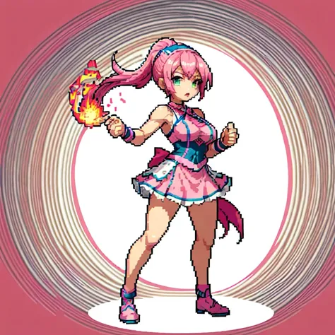 (masterpiece, top quality, best quality), pixel,pixel art,1girl,pink short dress,pink bandana,pink hair horsetail,bosom,punch power,full body, 
 