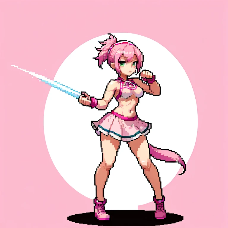 (masterpiece, top quality, best quality), pixel,pixel art,1girl,pink short dress,pink bandana,pink hair horsetail,bosom,punch power,full body, 
 